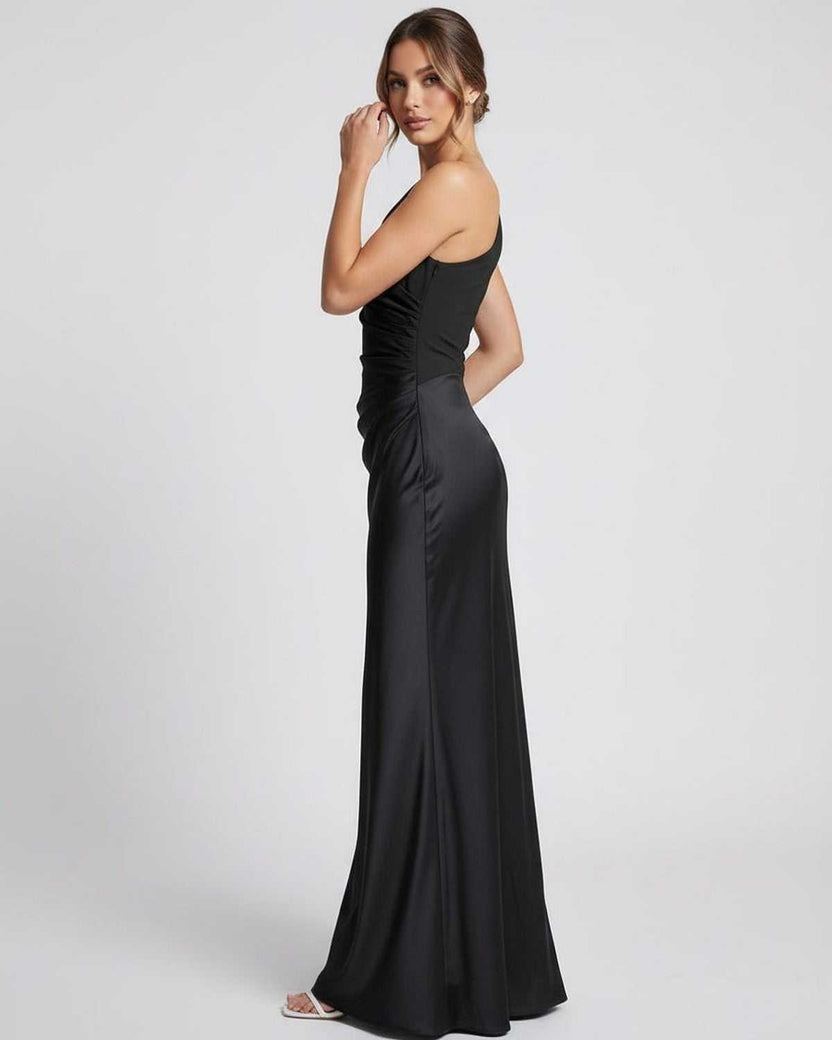 Noelle Maxi Dress showcasing a one shoulder design, sleek satin finish, and high waist silhouette. Lauven brand.