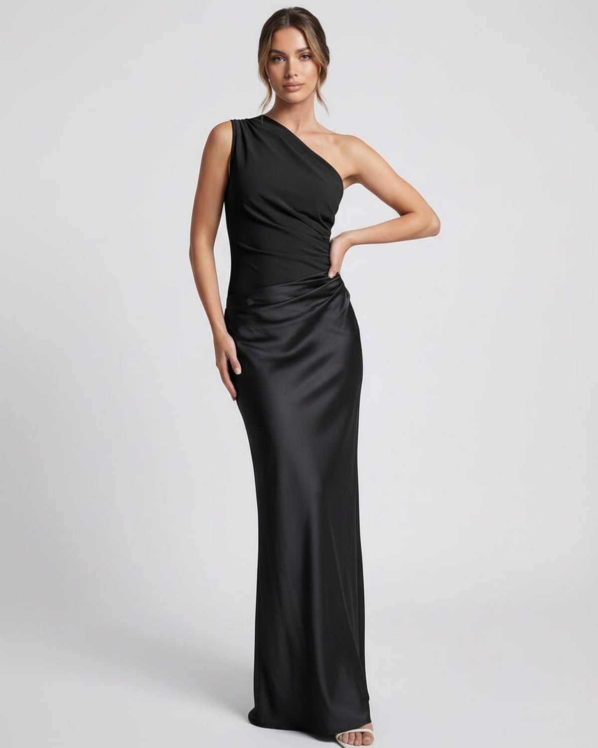 Noelle Maxi Dress by Lauven, black one shoulder maxi dress featuring a sleek silhouette and satin-like finish.
