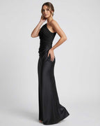 Noelle Maxi Dress - Black, one shoulder, satin-like finish, high waist silhouette by Lauven for formal occasions.