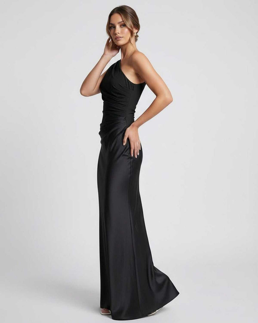Noelle Maxi Dress - Black, one shoulder, satin-like finish, high waist silhouette by Lauven for formal occasions.