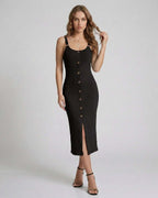 Noemi Midi Dress by Lauven – Black ribbed sleeveless midi dress with button front and front split