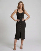Noemi Midi Dress by Lauven – Black ribbed sleeveless midi dress with button front and front split.