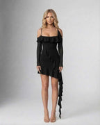 Noemi Mini Dress by Lauven featuring elegant ruffled asymmetric hem in black, perfect for evening wear.