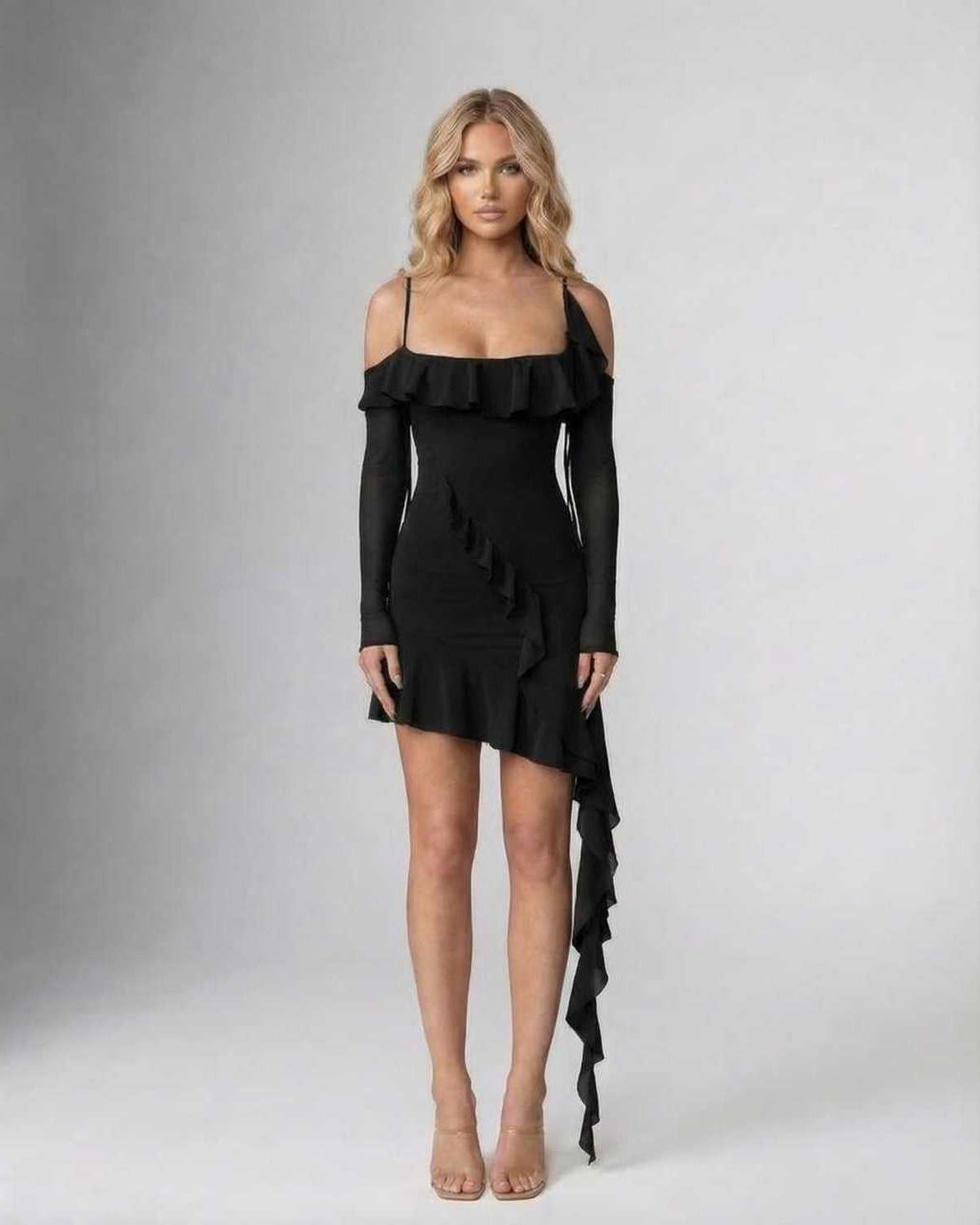 Noemi Mini Dress by Lauven featuring elegant ruffled asymmetric hem in black, perfect for evening wear.