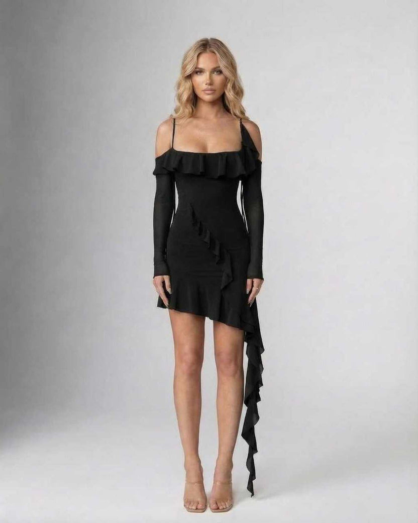 Noemi Mini Dress by Lauven featuring elegant ruffled asymmetric hem in black, perfect for evening wear.