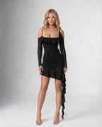 Noemi Mini Dress by Lauven, featuring elegant ruffled asymmetric hem and spaghetti straps in black.