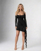Noemi Mini Dress by Lauven featuring an elegant ruffled asymmetric hem in black, ideal for evening wear.