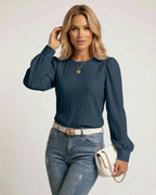 Noir Blouse by Lauven, classic black pleated long sleeve top with bishop sleeves and fitted cuffs.