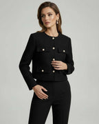 Noir Jacket by Lauven, classic black wool blend with gold button details, tailored cropped silhouette.