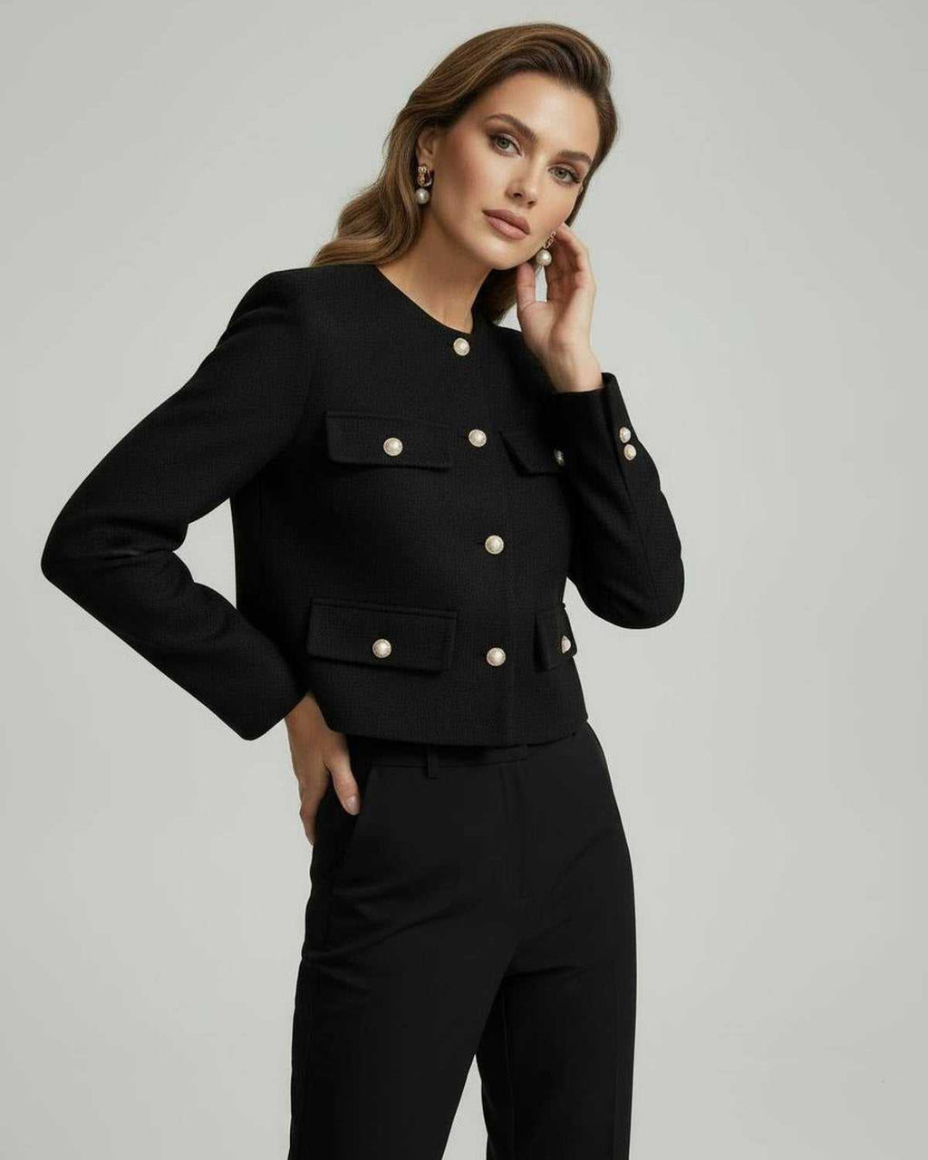 Noir Jacket by Lauven, a classic black wool blend jacket featuring gold button details, tailored cropped silhouette.