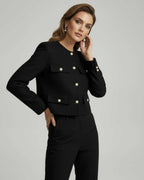 Noir Jacket by Lauven, a classic black wool blend jacket featuring gold button details, tailored cropped silhouette.