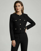 Elegant Noir Jacket by Lauven, a classic black wool blend piece with gold button details, perfect for a chic look.