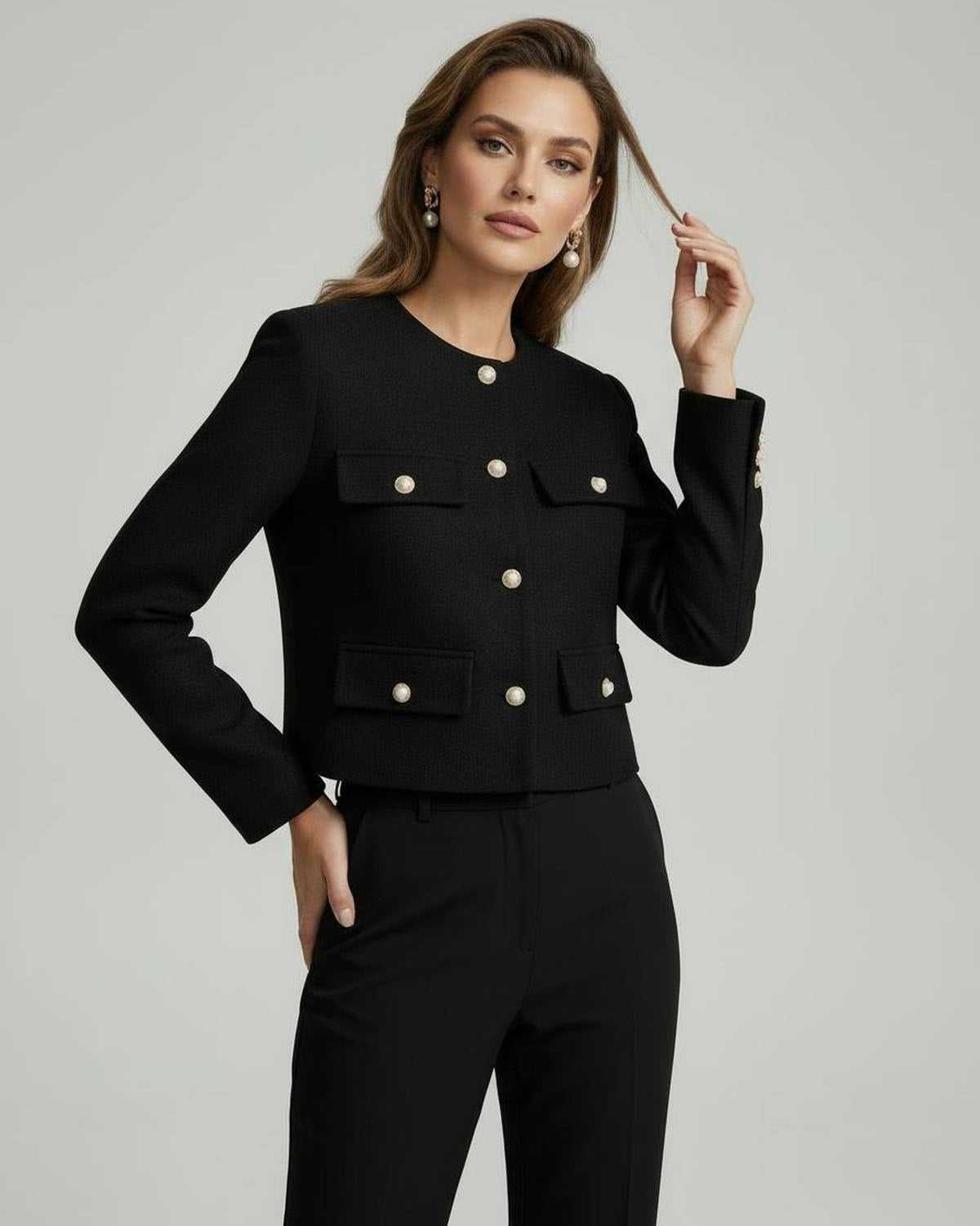 Noir Jacket by Lauven - Classic black wool blend jacket with gold button details, tailored cropped fit.