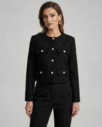 Noir Jacket by Lauven - Classic black wool blend with gold button details and tailored cropped silhouette.