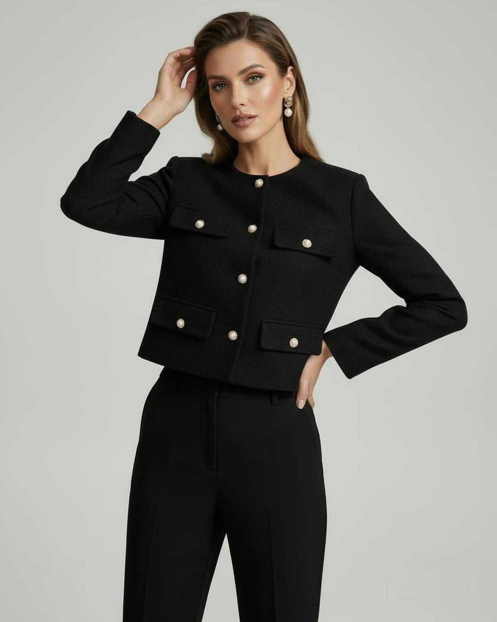 Noir Jacket by Lauven - Classic black wool blend jacket with gold button details for timeless elegance.