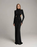 Noir Maxi Dress featuring high neck, long sleeves, ruched open back design by Lauven, perfect for formal occasions.