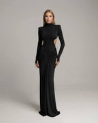Noir Maxi Dress featuring high neck, long sleeves, ruched open back design by Lauven, perfect for formal occasions.
