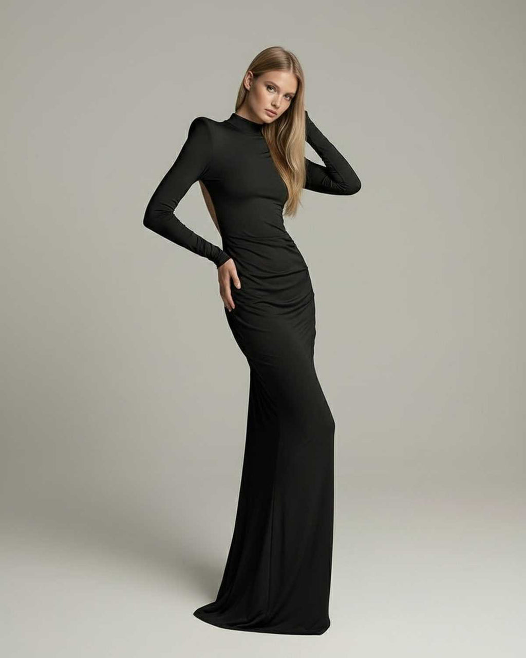 Noir Maxi Dress by Lauven, featuring a high neck, long sleeve, ruched open back, sleek black elegance for formal settings.