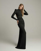 Noir Maxi Dress by Lauven, featuring a high neck, long sleeve, ruched open back, sleek black elegance for formal settings.