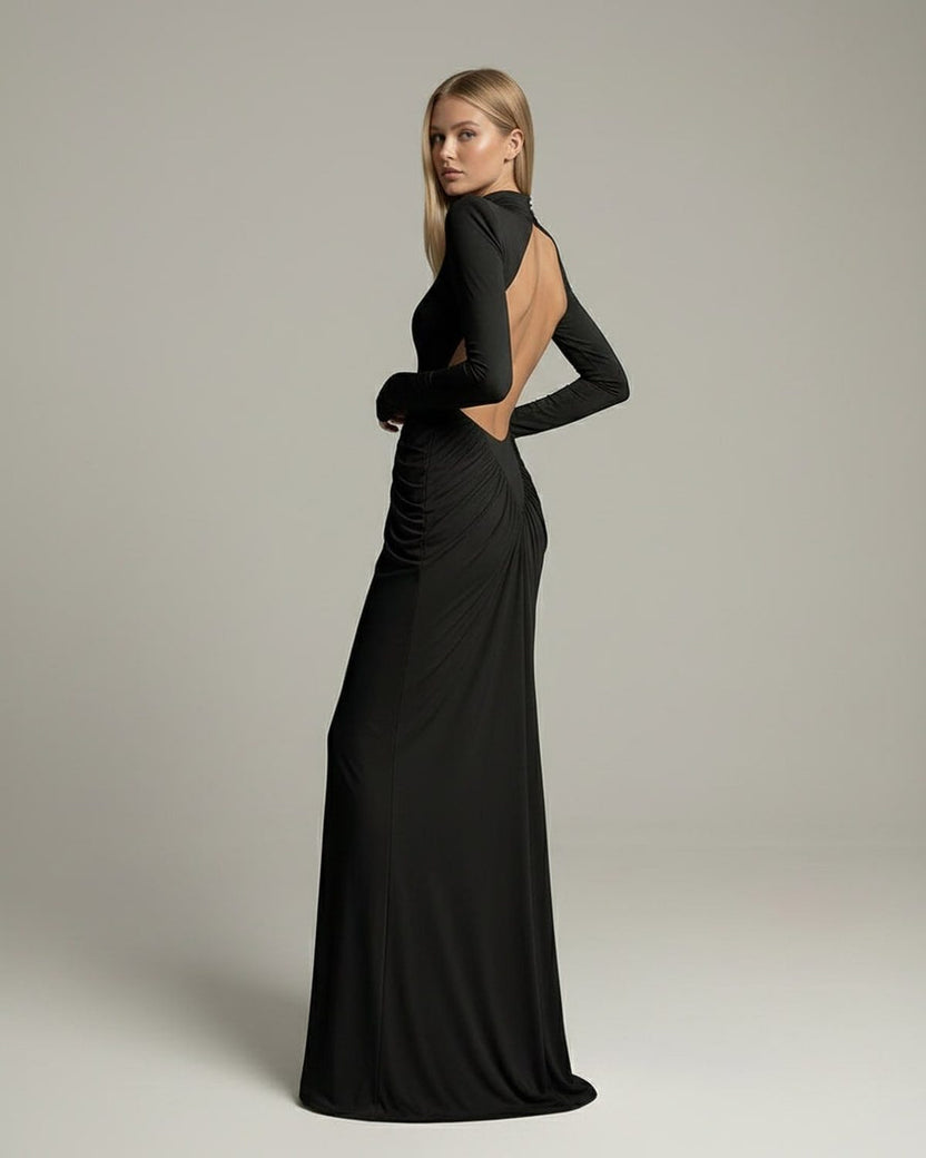 Noir Maxi Dress by Lauven, featuring a high neck, long sleeves, ruched detailing, and an elegant open back.