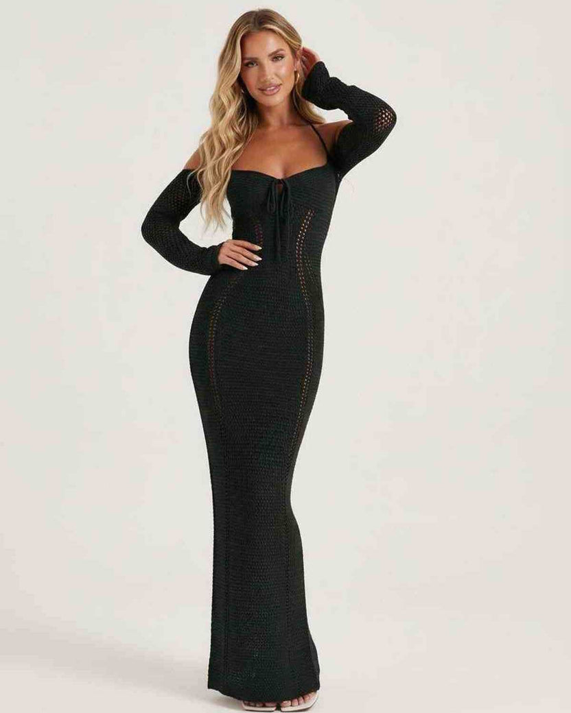 Noir Maxi Dress - Black Long Sleeve Bodycon with Open Back Halter, from Lauven, elegant and modern silhouette.