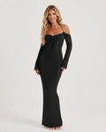 Noir Maxi Dress by Lauven featuring black long sleeve bodycon design, open back, and refined openwork detailing.