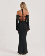 Noir Maxi Dress: Elegant black long sleeve bodycon with open back halter, showcasing modern style by Lauven.