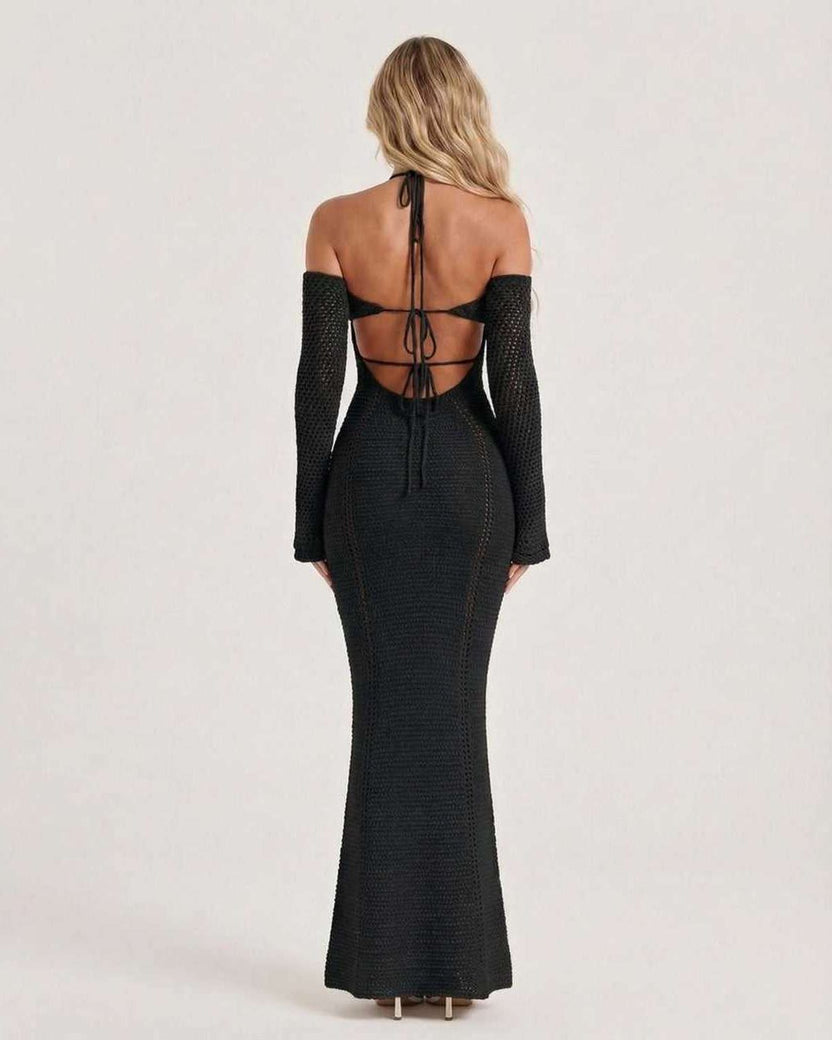 Noir Maxi Dress: Elegant black long sleeve bodycon with open back halter, showcasing modern style by Lauven.