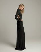 Noir Maxi Dress by Lauven, features a high neck, long sleeves, ruched design, and an elegant open back.