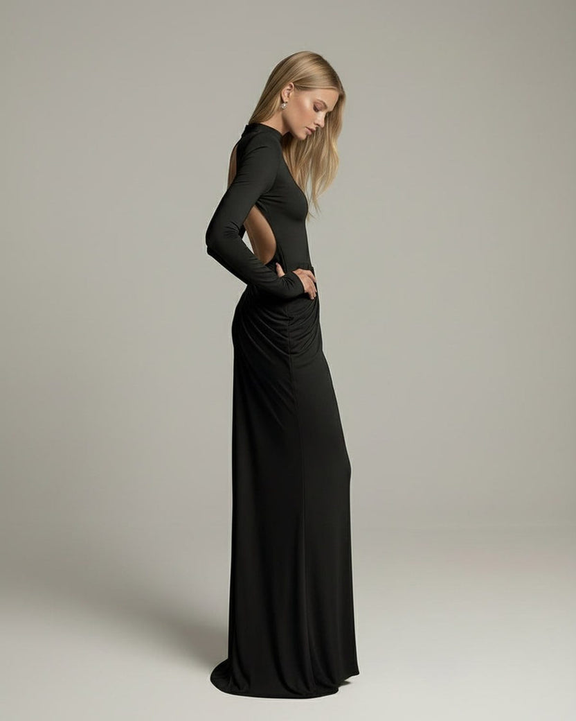 Noir Maxi Dress by Lauven, features a high neck, long sleeves, ruched design, and an elegant open back.