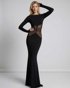 Noir Maxi Dress by Lauven — Black long sleeve design with sheer mesh waist panel for a refined silhouette.