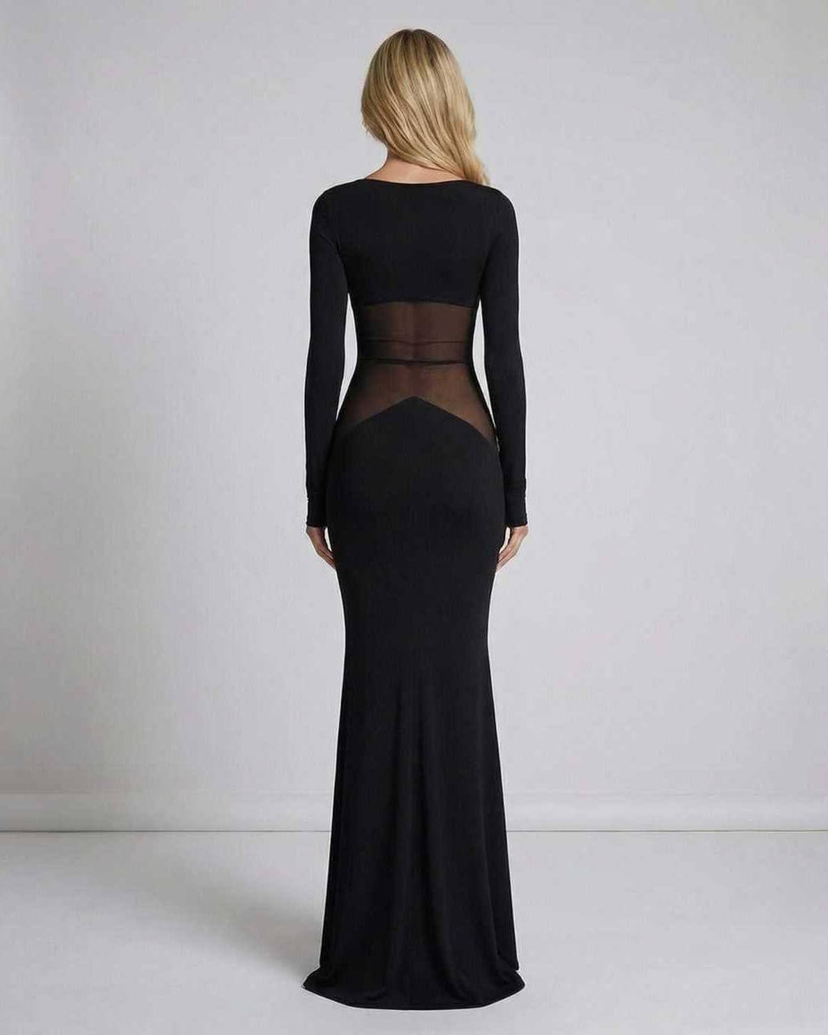Noir Maxi Dress back view showing long sleeves, sheer mesh waist panel, and flattering silhouette by Lauven.