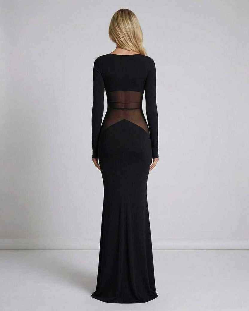Noir Maxi Dress back view showing long sleeves, sheer mesh waist panel, and flattering silhouette by Lauven.