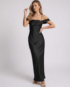 Noir Maxi Dress by Lauven, black satin slip dress featuring off-the-shoulder design and bodycon fit for a sleek silhouette.