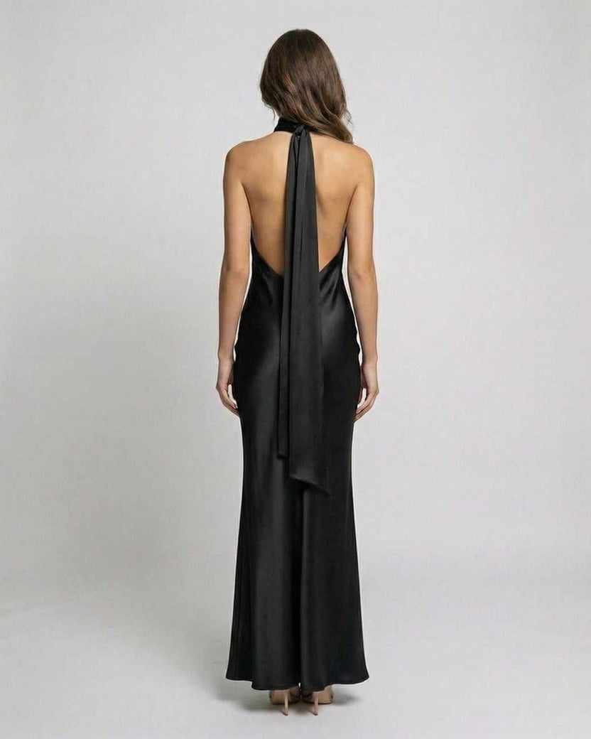 Noir Maxi Dress | Elegant back view of luxurious satin black maxi dress by Lauven.