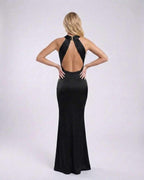 Noir Maxi Dress showcasing its elegant open back design, crafted from black satin by Lauven, perfect for formal occasions.
