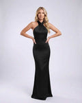 Noir Maxi Dress featuring a halter neck and open back in black satin, perfect for elegant occasions by Lauven.