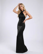 Noir Maxi Dress by Lauven, black satin halter neck gown with open back, elegant and sleek for formal occasions.