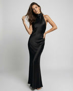 Noir Maxi Dress by Lauven, black satin fabric with halter neck, stylish, fluid drape, perfect for elegant occasions.