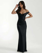 Noir Maxi Dress featuring off shoulder elegance in luxurious black satin, by Lauven, perfect for refined occasions.