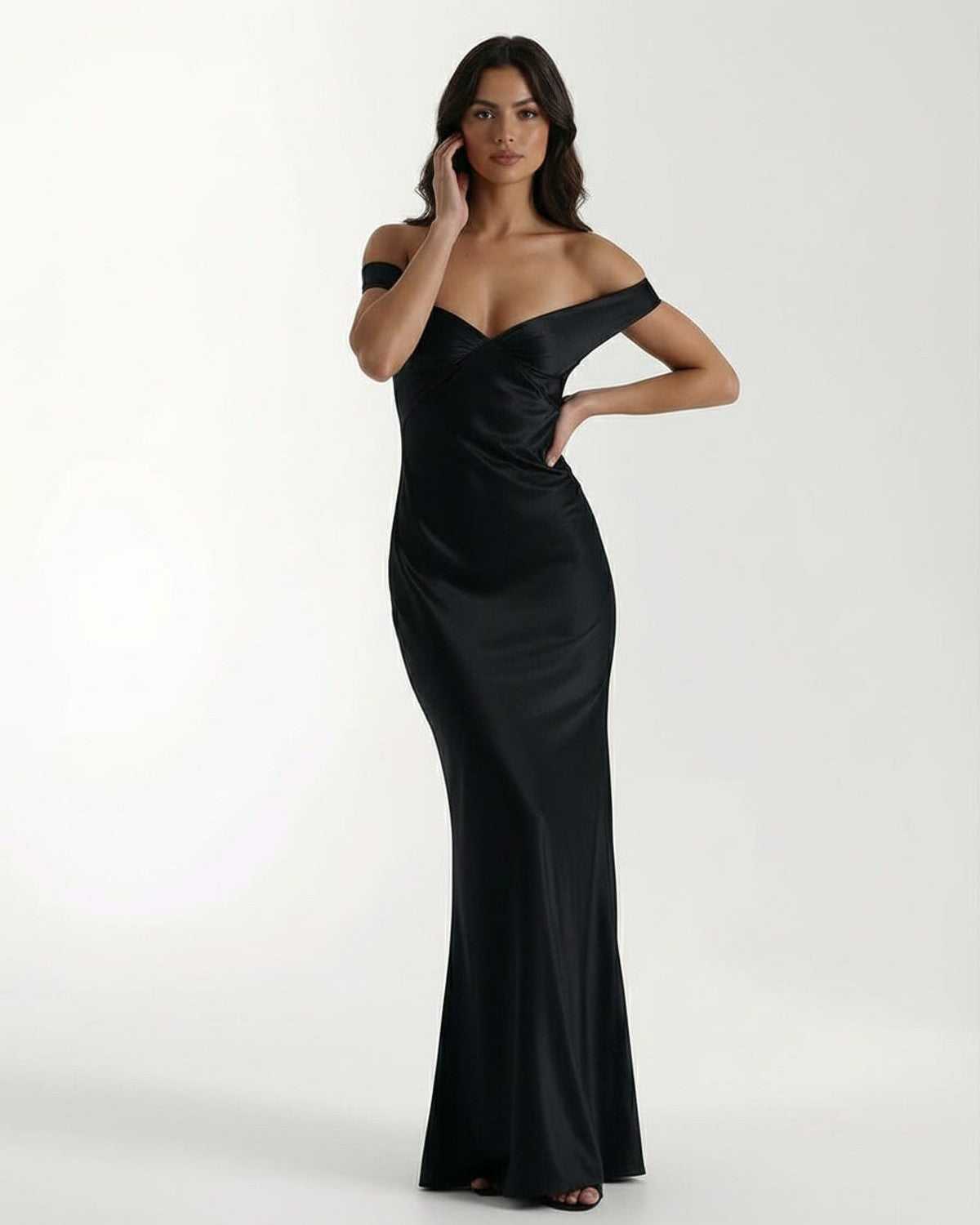 Noir Maxi Dress by Lauven, featuring off-shoulder elegance and a sleek black satin finish.