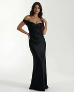 Noir Maxi Dress by Lauven, black satin gown with off-shoulder elegance, sleek floor-length silhouette.