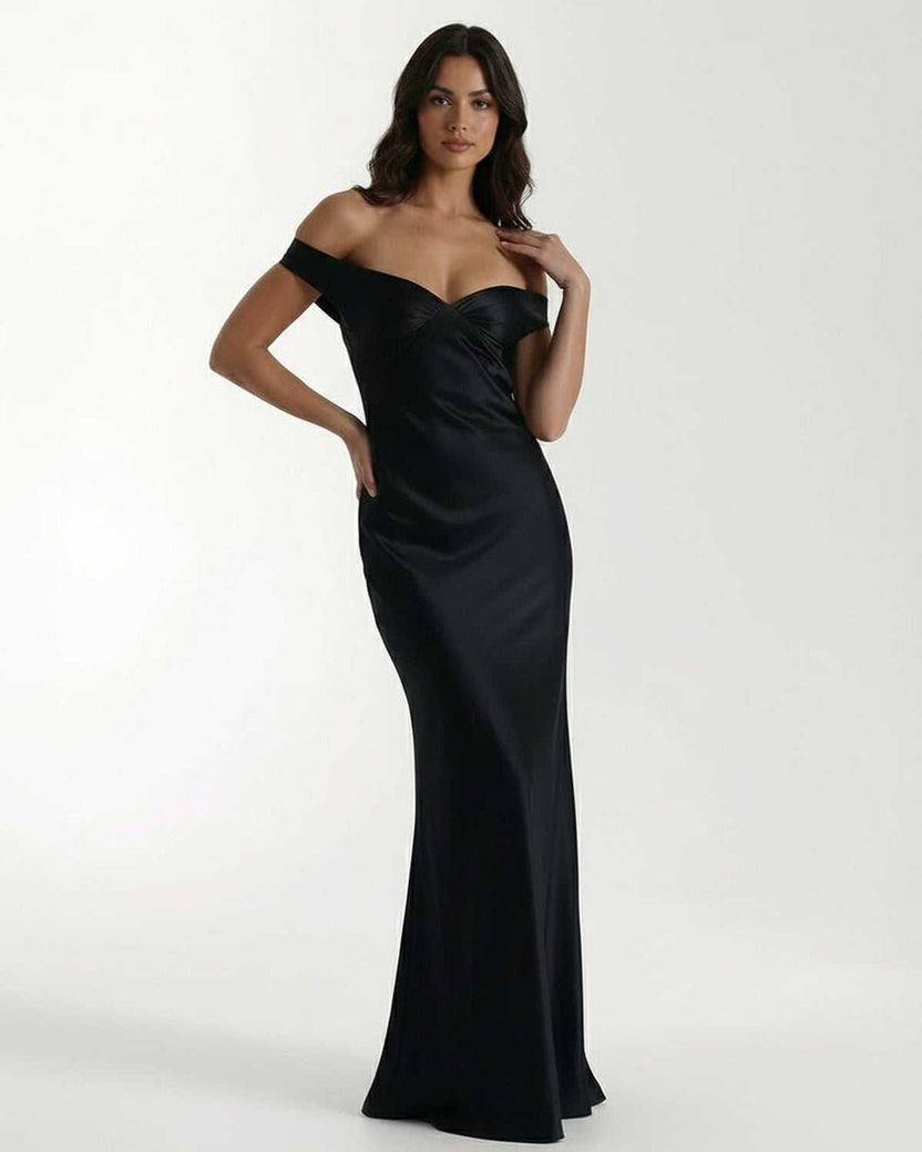 Noir Maxi Dress by Lauven, black satin gown with off-shoulder elegance, sleek floor-length silhouette.