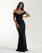 Noir Maxi Dress by Lauven, black satin, off-shoulder elegance, sleek floor-length silhouette, refined minimalism.