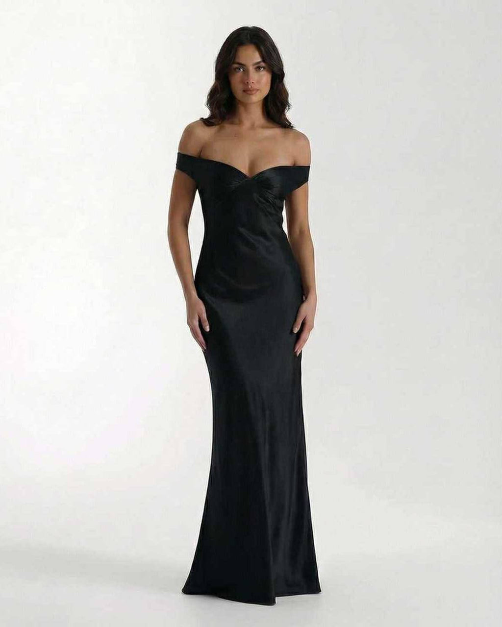 Noir Maxi Dress - Black satin off-shoulder gown by Lauven, featuring sleek silhouette and timeless elegance.