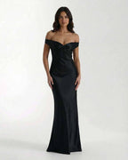 Noir Maxi Dress - Black satin off-shoulder gown by Lauven, featuring sleek silhouette and timeless elegance.