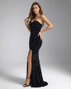Noir Maxi Dress by Lauven - Elegant black sequin maxi dress with strapless silhouette and thigh-high slit.