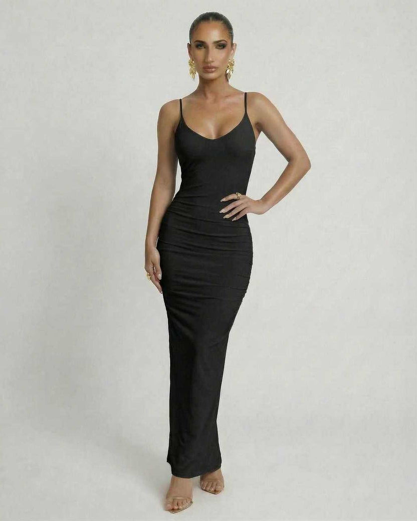 Lauven Noir Maxi Dress, sleek black sleeveless bodycon with spaghetti straps and deep backless cut.