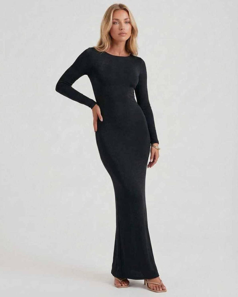 Lauven Noir Maxi Dress featuring elegant long sleeves and an open back, crafted from luxurious stretch fabric.