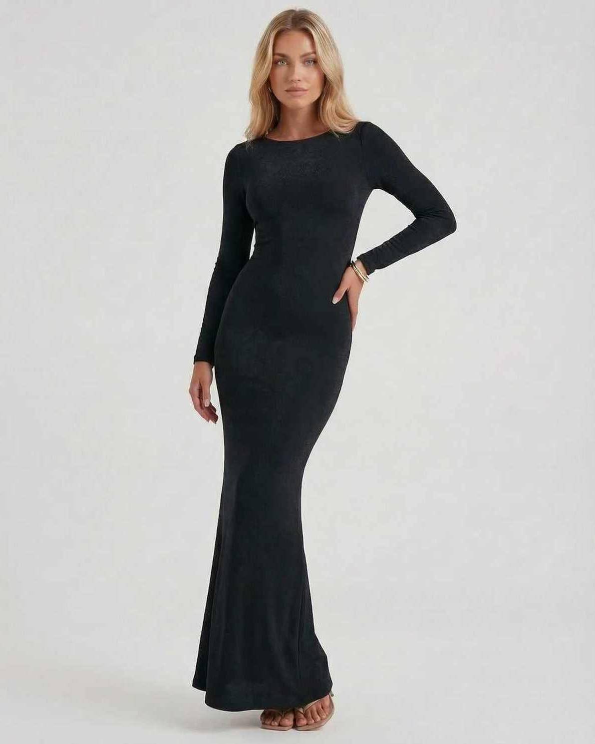 Noir Maxi Dress by Lauven, elegant black long sleeve with open back, luxurious stretch fabric for a flattering fit.